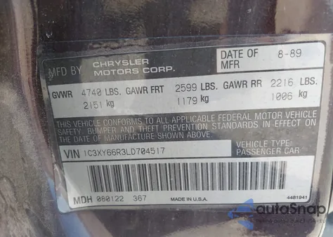 1990 Chrysler New Yorker Fifth Avenue z USA, uszkodzony, nr VIN 1C3XY66R3LD704517